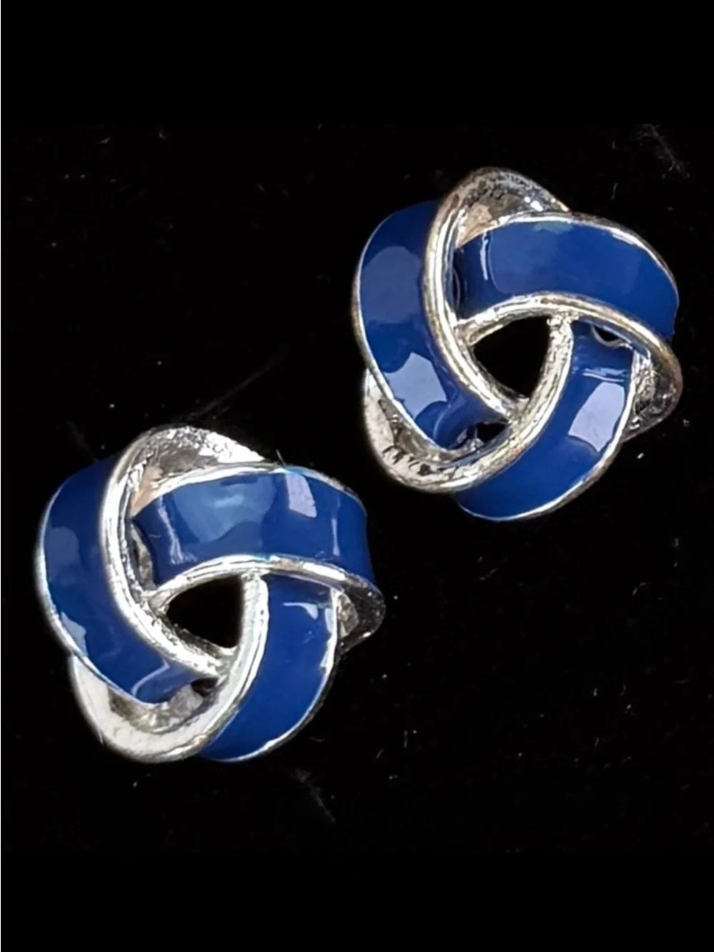 Vintage silvertone, blue enamel knotted, pierced earrings
